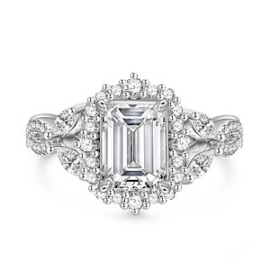 Jeulia Anillo de Compromiso Torcido con Halo Corte Esmeralda de Plata de Ley