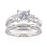 Jeulia Juego de Anillos Tres Piedras Corte Princesa Diseño Trenzado de Plata de Ley