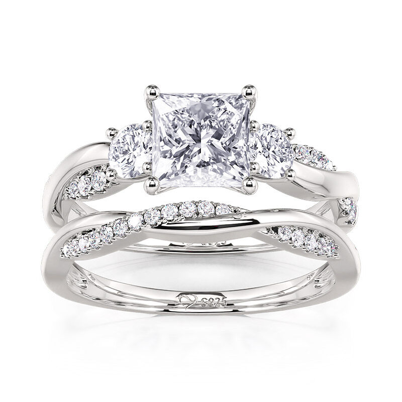 Jeulia Juego de Anillos Tres Piedras Corte Princesa Diseño Trenzado de Plata de Ley