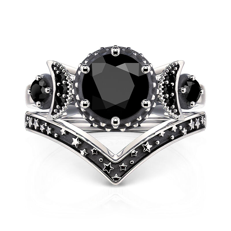 Jeulia Juego de Anillos de Piedra de Nacimiento Luna Oscura y Estrellas